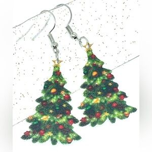 Christmas Tree Green Red Gold Ornaments Stars Acrylic Earrings Holiday Festive